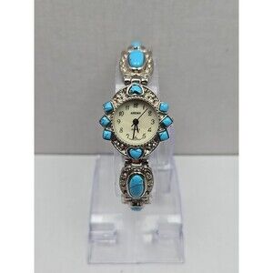 Arenix Turquoise Inlay Bracelet Watch Quartz New Battery Silver Tone Ladies 25mm